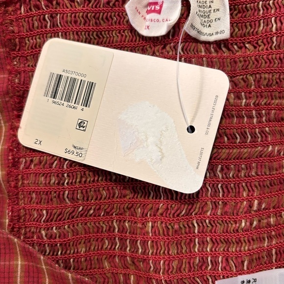 LEVI'S Trendy Plus Size Devin Cotton Red Plaid Ruched Balloon-Sleeve Top NWT - Picture 5 of 6